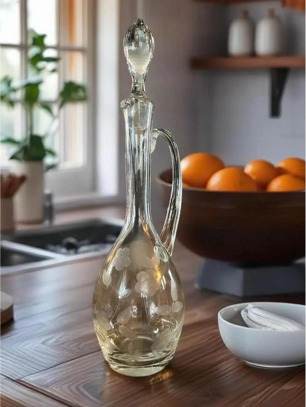 Vintage Floral Etched Glass Decanter with Stopper - 15 Inch Tall